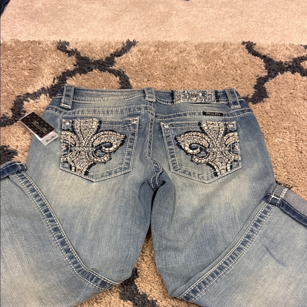 Miss Me Light Blue Embellished cuffed Capris